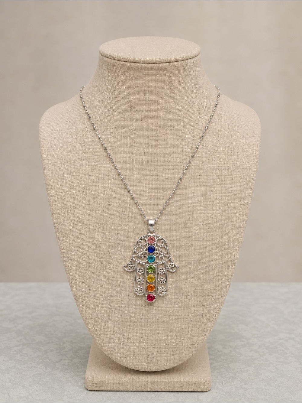 Silver Hamsa Chakra Pendant Necklace with Multicolor Stones